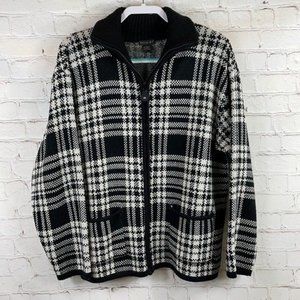 Tally Ho Preppy Tweed Jacket Black White Tartan Academia Plaid Front Zip XL
